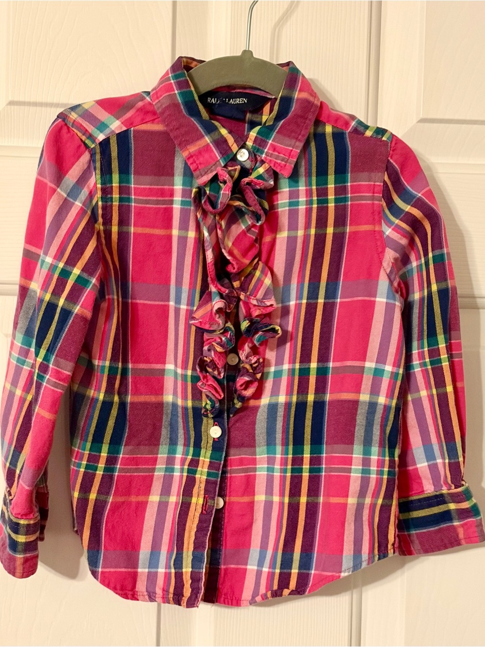 Ralph Lauren Girls' Pink Multi-Color Plaid Ruffle Button-Down Shirt